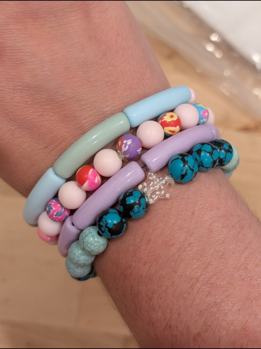 Bracelet Set Pastel Blue Lavender Pink Turquoise Beaded Stretch